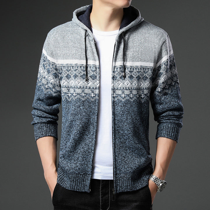 Herren Strick-Zip-Hoodie mit Norwegermuster, Kapuze und Eingrifftaschen Drune