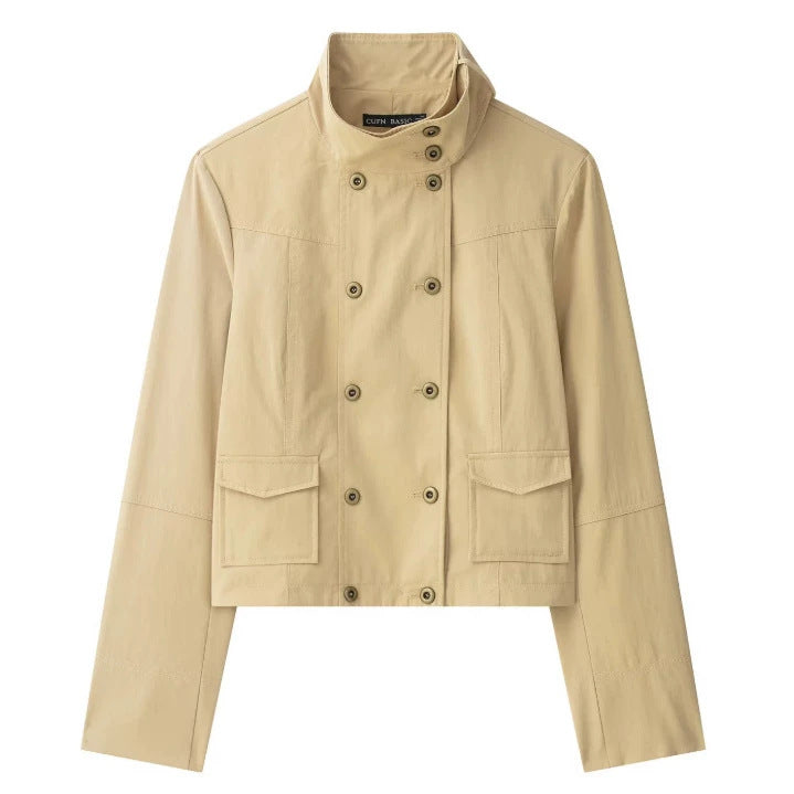 Damen Cropped Doppelreihige Kurzjacke im Blousonstil mit Stehkragen und Pattentaschen Drune