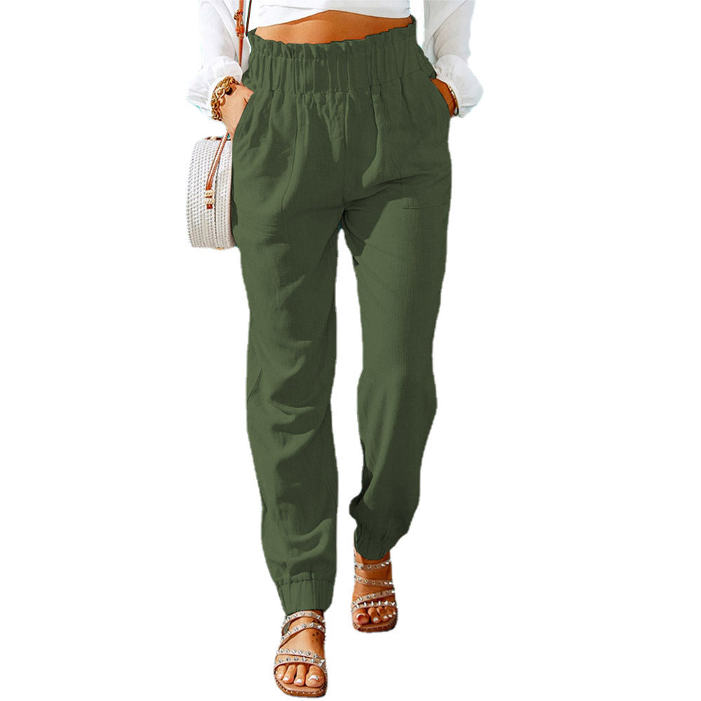 Damen Hochtaillierte Leinenoptik-Joggerhose mit elastischem Rüschbund und Eingrifftaschen Drune