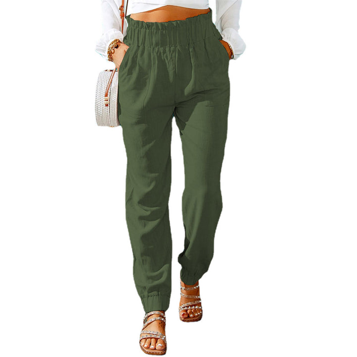 Damen Hochtaillierte Leinenoptik-Joggerhose mit elastischem Rüschbund und Eingrifftaschen Drune