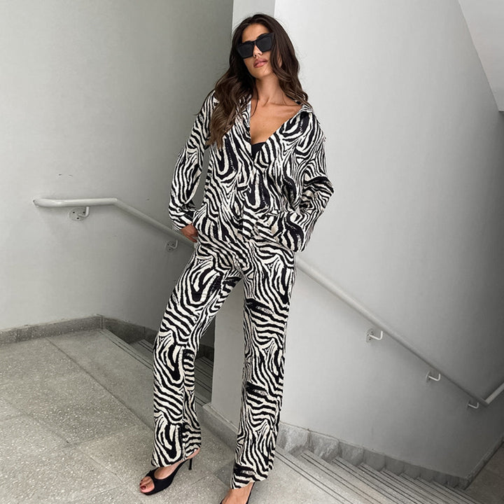 Damen Elegante Zebra-Muster Übergröße Pyjama-Anzug Drune