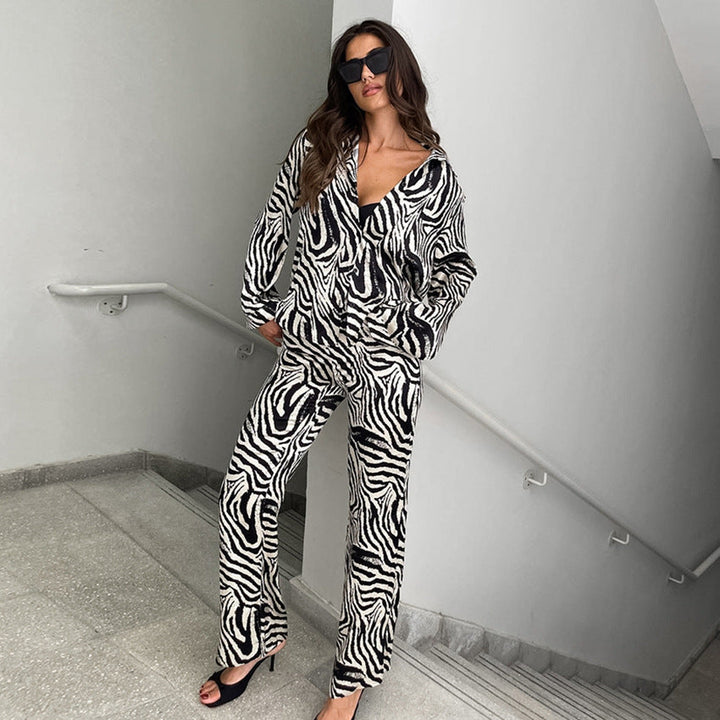 Damen Elegante Zebra-Muster Übergröße Pyjama-Anzug Drune