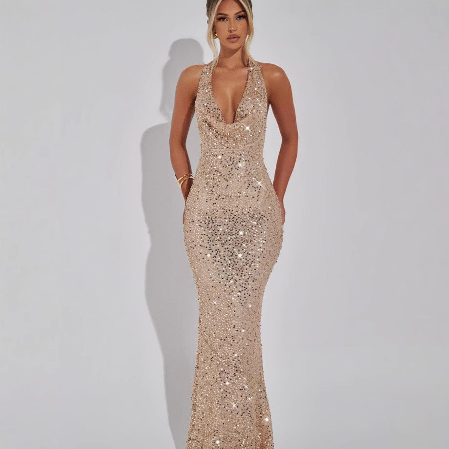 Damen Abendkleid mit glamourösem Paillettenbesatz und elegantem V-Ausschnitt Drune