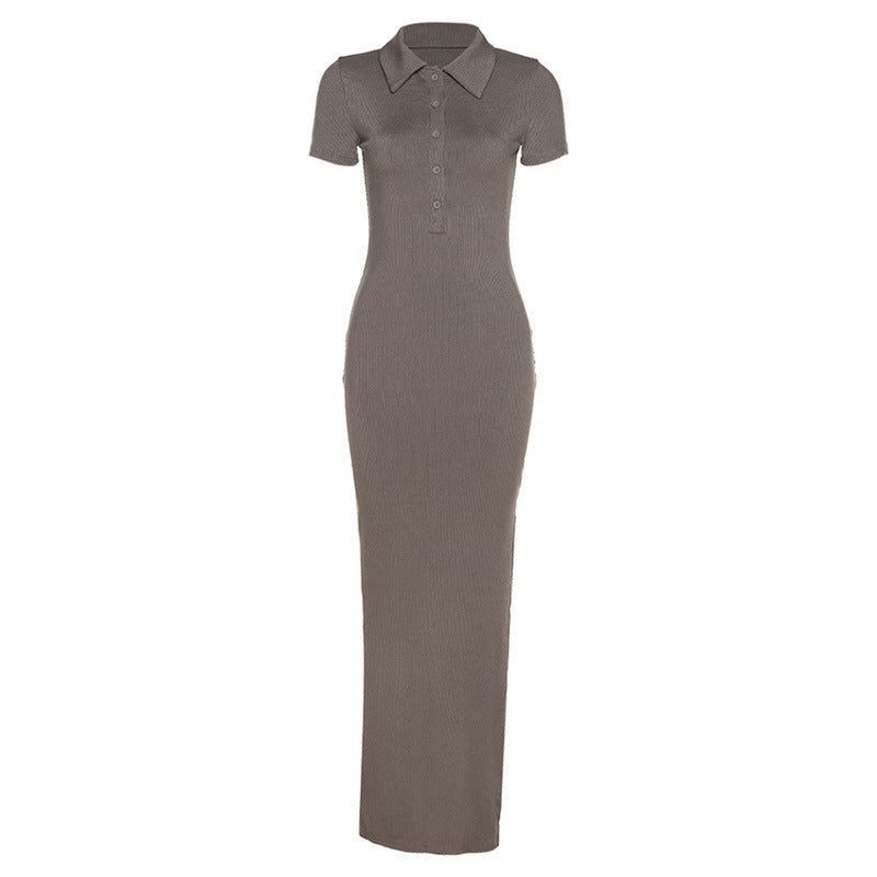 Damen Maxikleid mit kurzem Arm und klassischem Kragen Drune