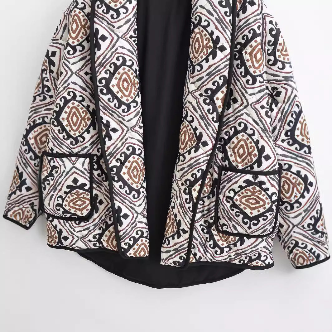 Damen Gesteppte Kimono-Jacke mit Ethno-Print, Kontrastpaspel und aufgesetzten Taschen Drune