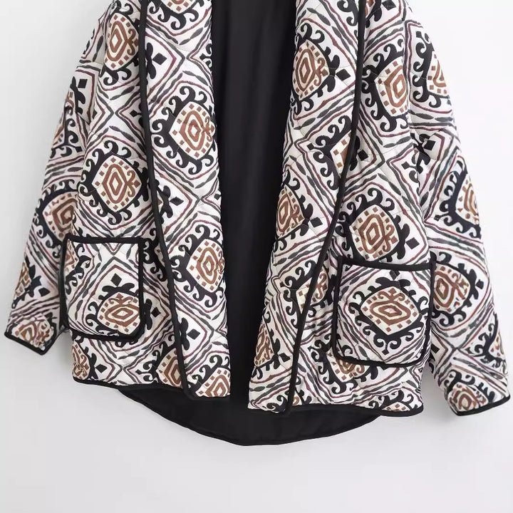 Damen Gesteppte Kimono-Jacke mit Ethno-Print, Kontrastpaspel und aufgesetzten Taschen Drune