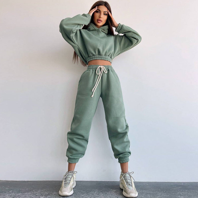 Damen cropped Stehkragen-Sweatset mit elastischem Taillenbund und hochtaillierter Tapered-Jogginghose Drune