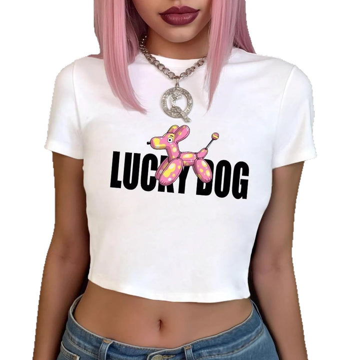 Damen Crop-Top T-Shirt mit lustigem Ballonhund-Design Drune