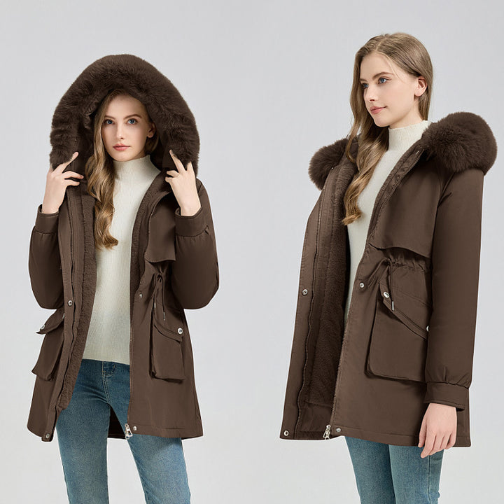 Damen nan funktionaler Thermoparka mit innenliegendem Teddyfutter, verstellbarer Kordel-Taille und großen Aufsatztaschen Drune