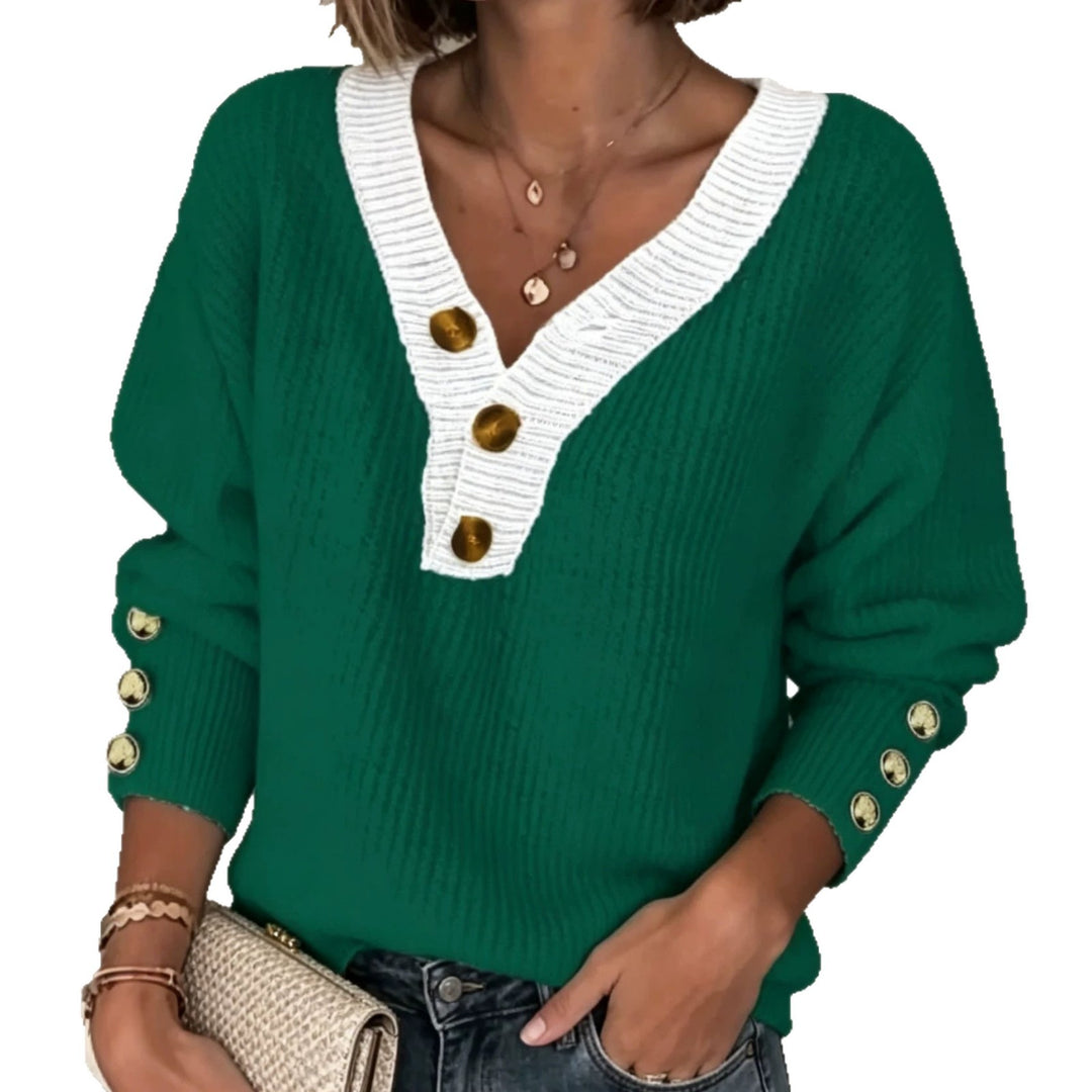 Damen Feinstrickpullover mit tiefem V-Ausschnitt, kontrastierter Knopfleiste und Zierknopf-Ärmeln Drune