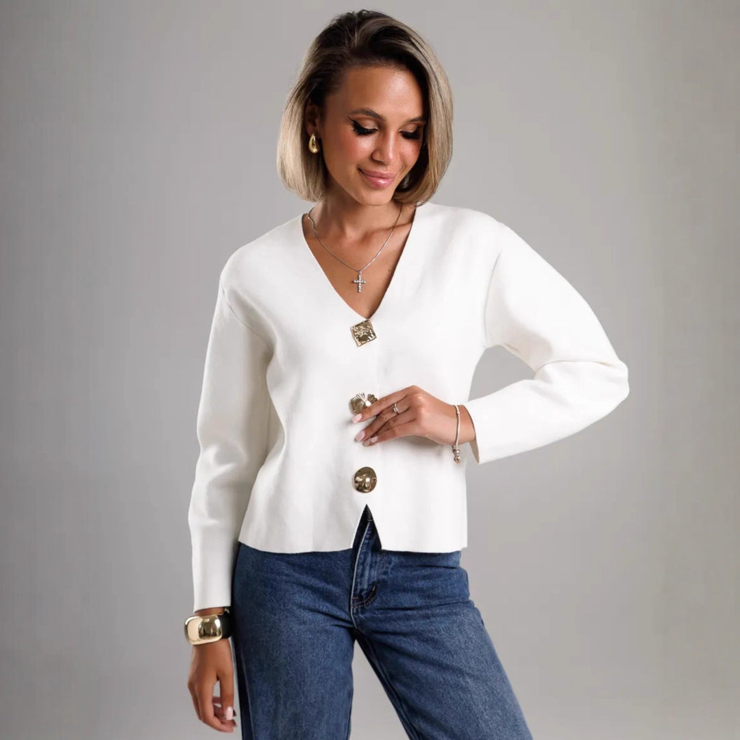 Damen Strickjacke mit goldenen Knöpfen und V-Ausschnitt Drune