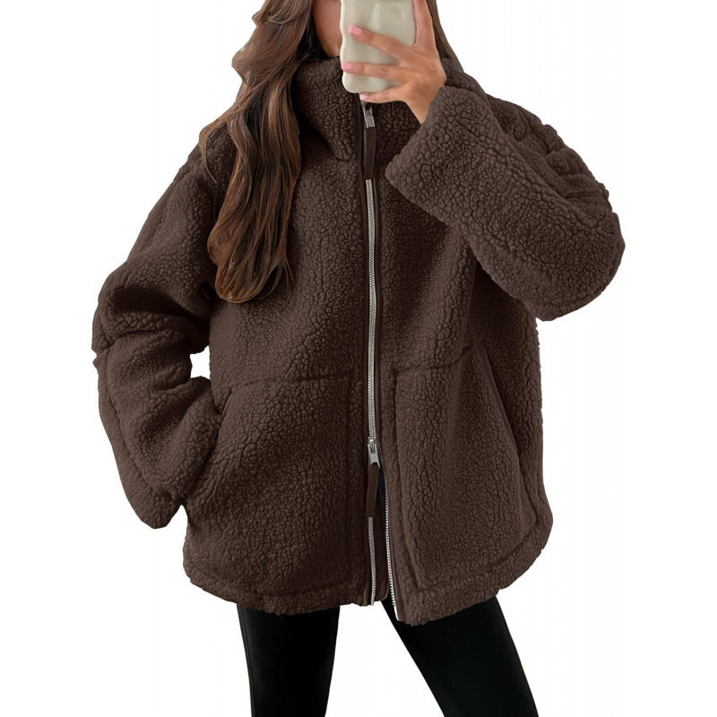Damen Kuschelige Teddyfelljacke mit hohen Kragen und Reißverschluss Drune