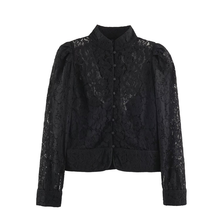 Damen Transparente Spitzenbluse mit Stehkragen, Puffärmeln und Manschetten Drune