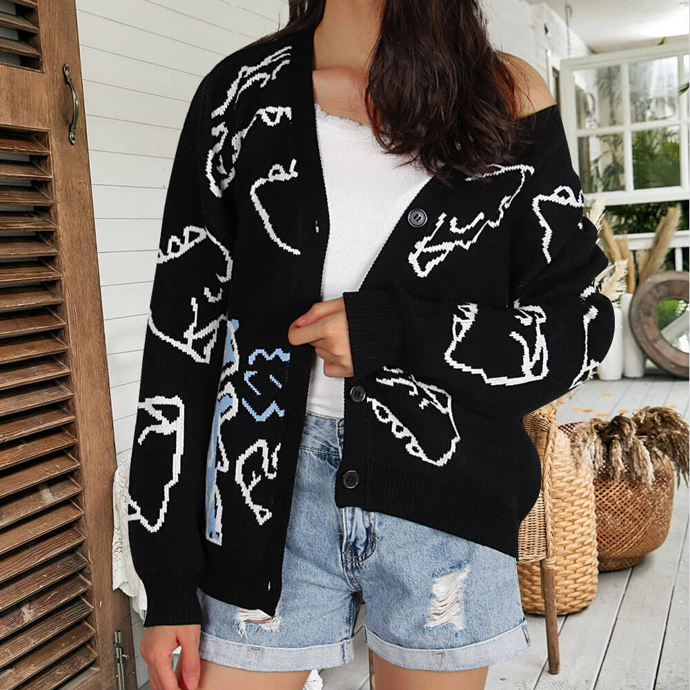 Damen Gemusterte Strickjacke mit lustigem Dinosaurier-Motiv Drune