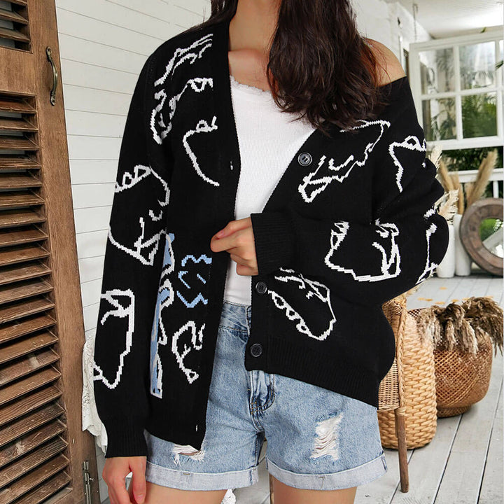 Damen Gemusterte Strickjacke mit lustigem Dinosaurier-Motiv Drune