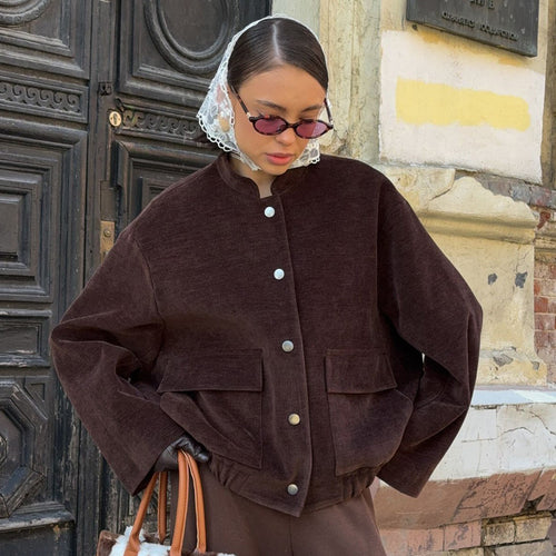 Damen Modischer Cord-Jacke mit breitem Kragen und aufgesetzten Taschen Drune