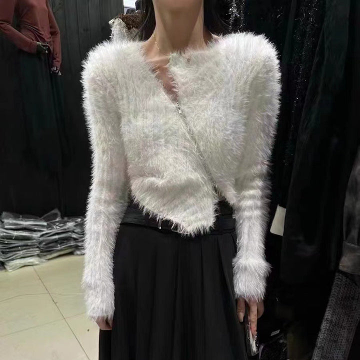 Damen Fluffy Pullover mit modischem Schnitt und praktischen Reißverschluss Drune