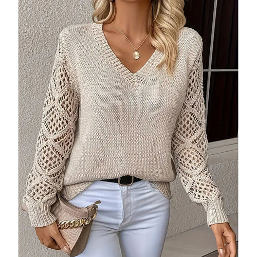 Damen Strickpullover mit raffiniertem Lochmuster und V-Ausschnitt Drune