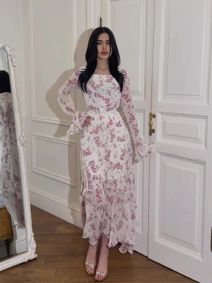Damen Rüschenkleid mit floralem Design und elegantem V-Ausschnitt Drune