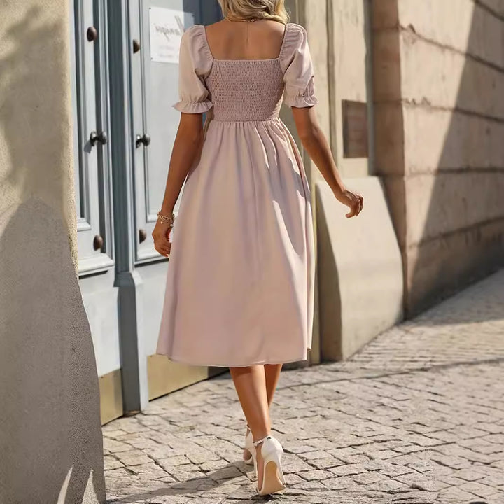 Damen Midi-Kleid mit Puffärmeln und Knopfleiste Drune