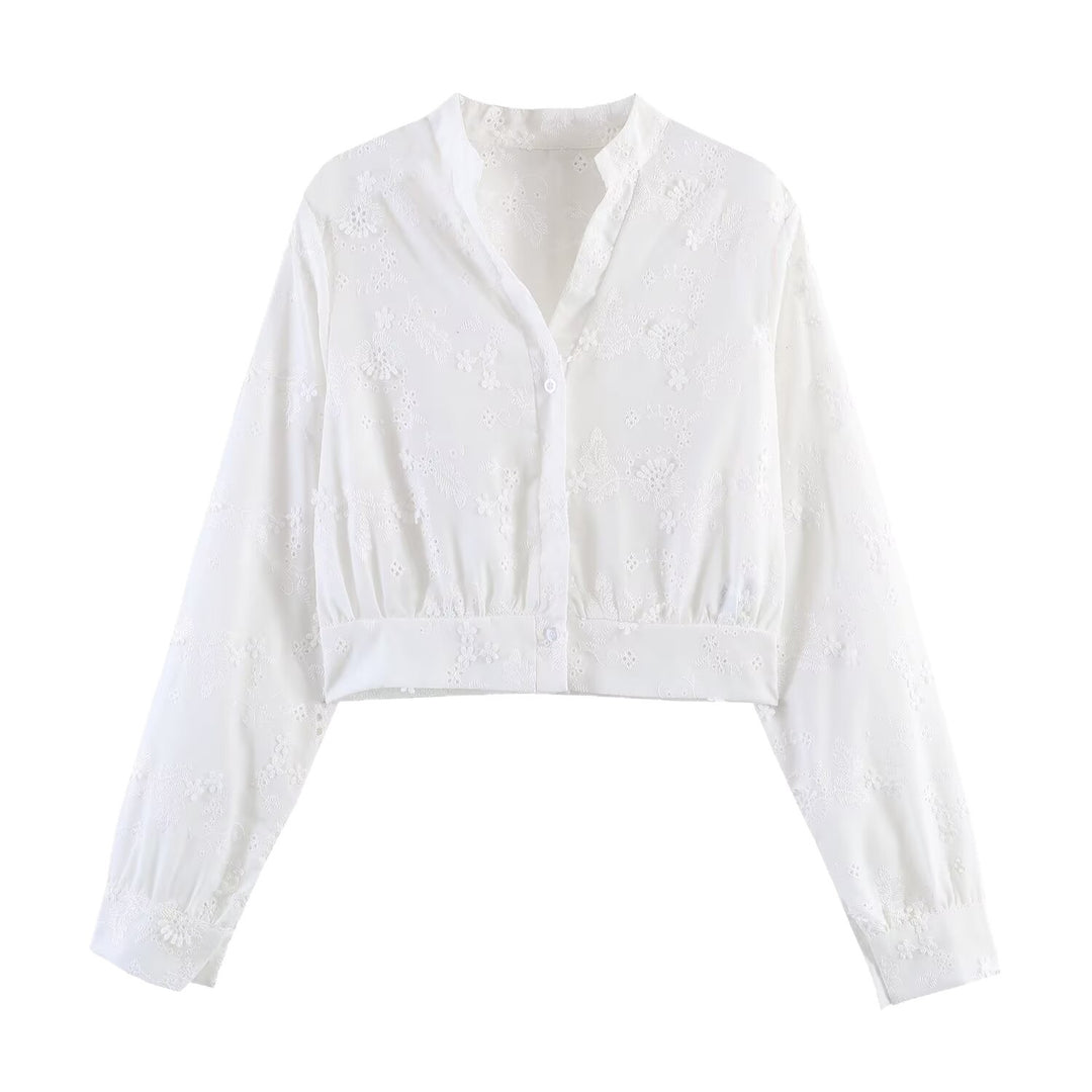 Damen Bestickte Cropped-Bluse mit Stehkragen, Lochstickerei und tailliertem Bund Drune