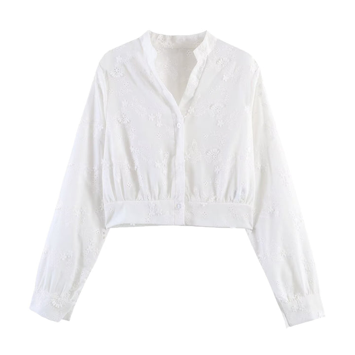 Damen Bestickte Cropped-Bluse mit Stehkragen, Lochstickerei und tailliertem Bund Drune