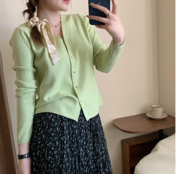 Damen modische Strickjacke mit vornem Knopfverschluss und V-Ausschnitt Drune