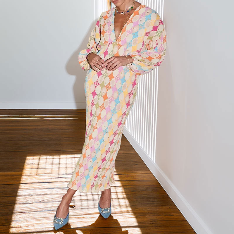 Damen Maxikleid mit modernen geometrischen Mustern und voluminösen Ärmeln Drune