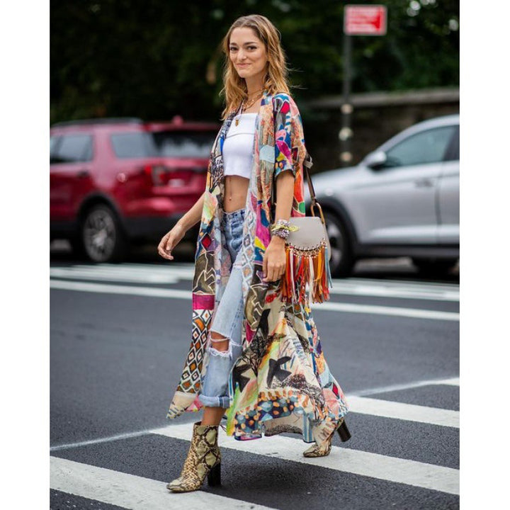 Damen Kimono-Überwurf mit buntem Patchwork-Design und leichtem Stoff Drune