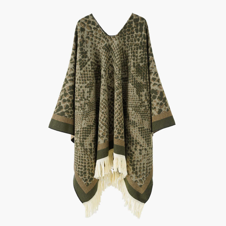 Damen Jacquard-Knitcape mit Leoparden‑Print, V‑Ausschnitt und Fransensaum Drune