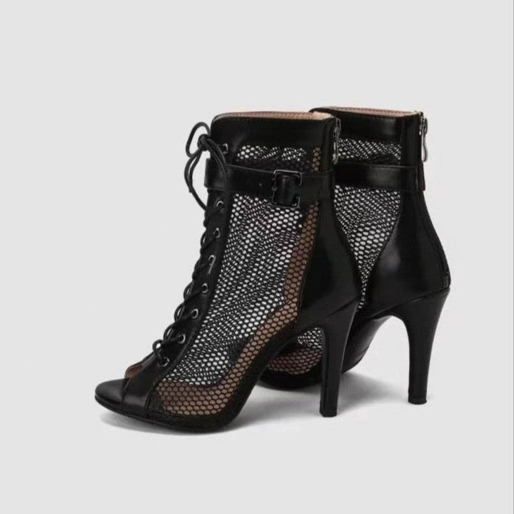 Damen Schnür-Stiletto-Sandalen mit Mesh-Einsatz und eleganter Schnallenverzierung Drune