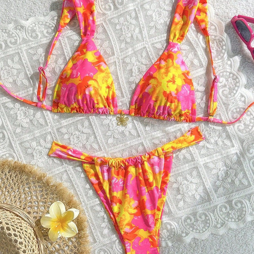 Damen Blütenmuster Triangel-Bikini mit verstellbaren Trägern Drune