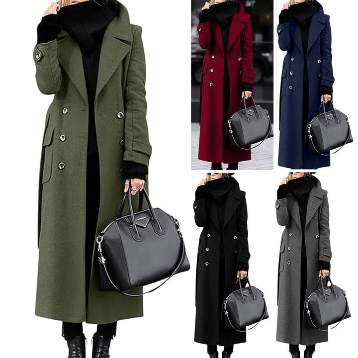 Damen Doppelreihiger Wollmix-Maximantel mit breitem Revers und Pattentaschen Drune