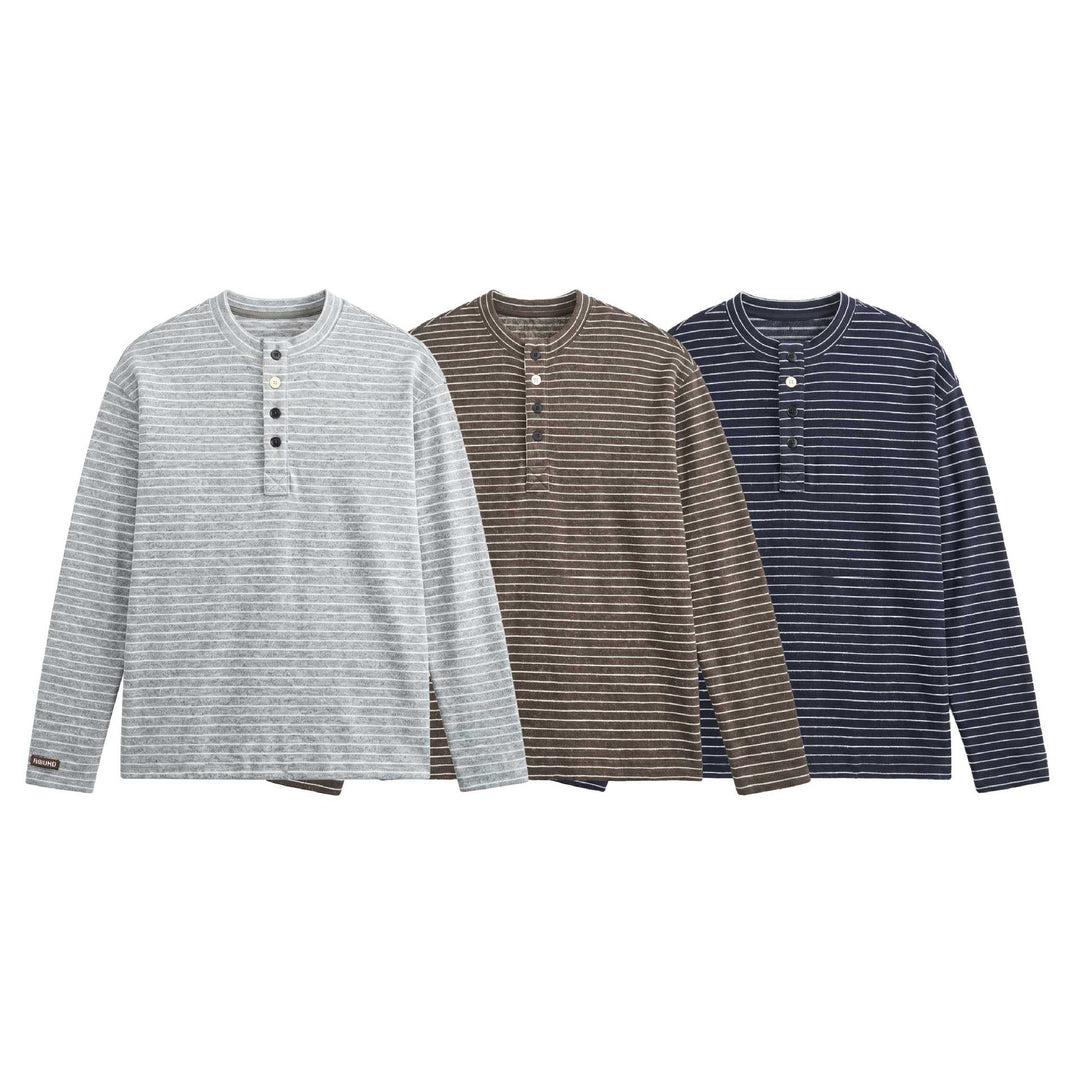 Herren Feinstrick-Henleyshirt mit kurzem Knopfleiste und horizontalem Streifenmuster Drune