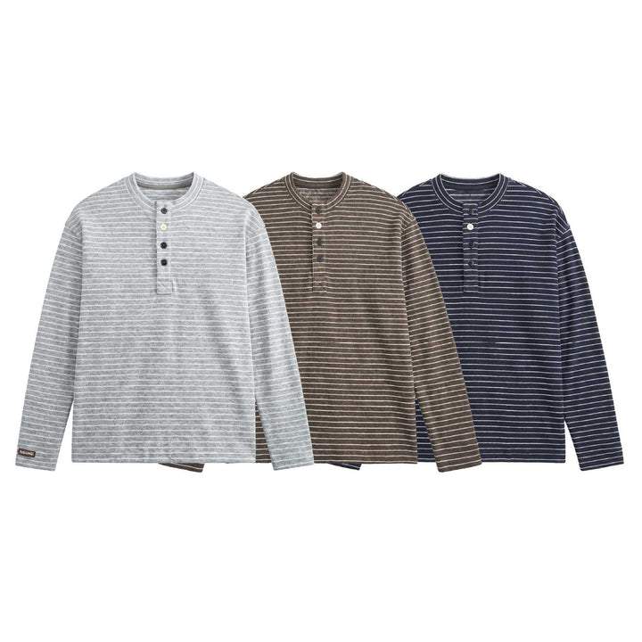 Herren Feinstrick-Henleyshirt mit kurzem Knopfleiste und horizontalem Streifenmuster Drune