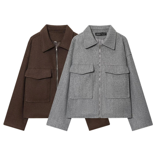 Damen nan lässige Wollmix Overshirt Jacke mit durchgehendem Reißverschluss, aufgesetzten Klapptaschen und geradem Boxy-Schnitt Drune