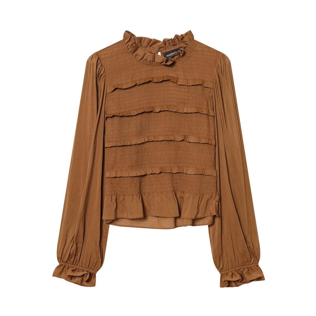 Damen Rüschenbluse mit smock‑Tiers, Stehkragen und weiten Ballonärmeln Drune