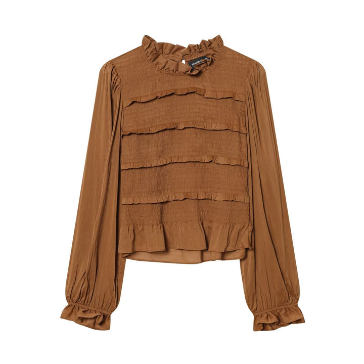 Damen Rüschenbluse mit smock‑Tiers, Stehkragen und weiten Ballonärmeln Drune