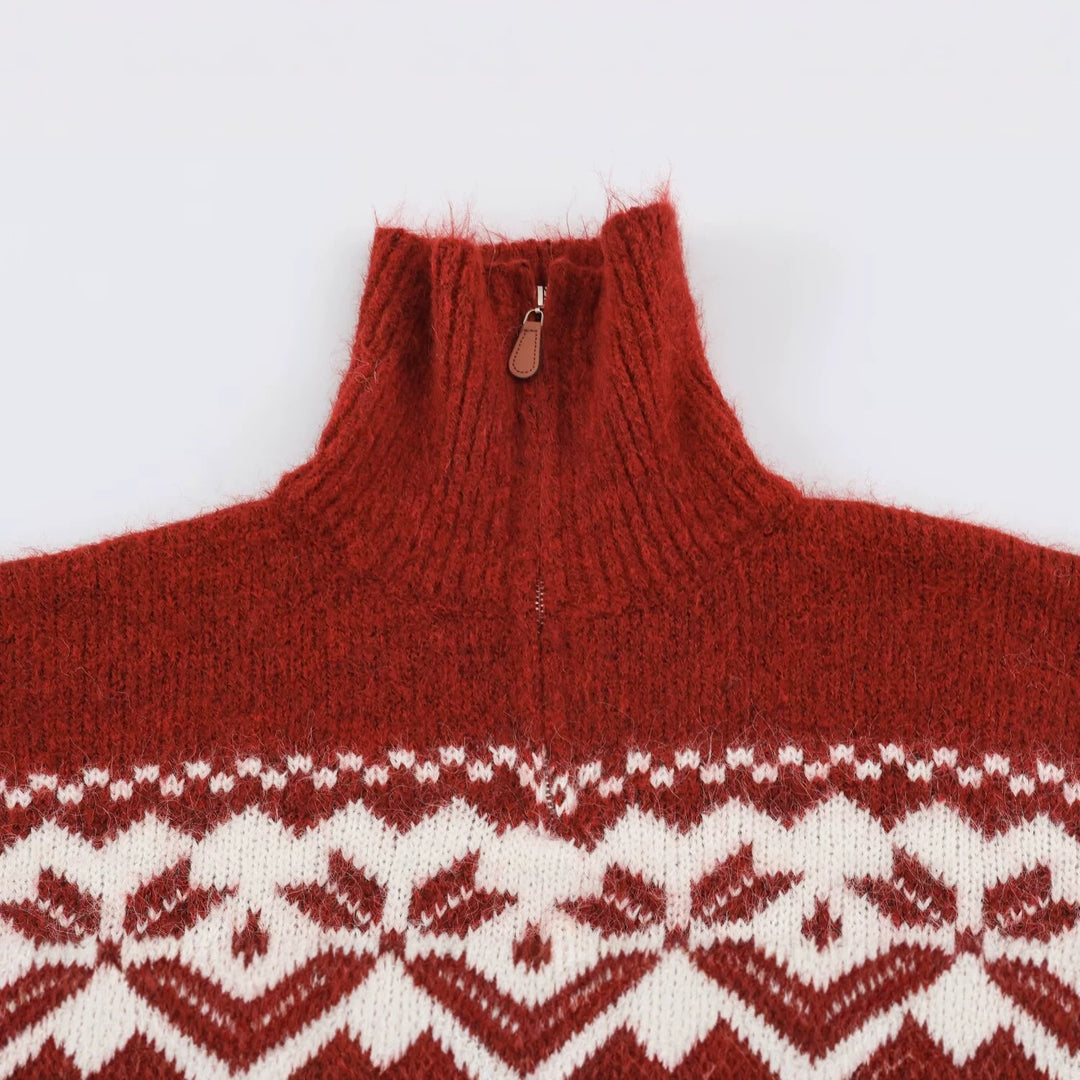Damen Norwegermuster Strickpullover mit halbem Reißverschluss und Stehkragen Drune