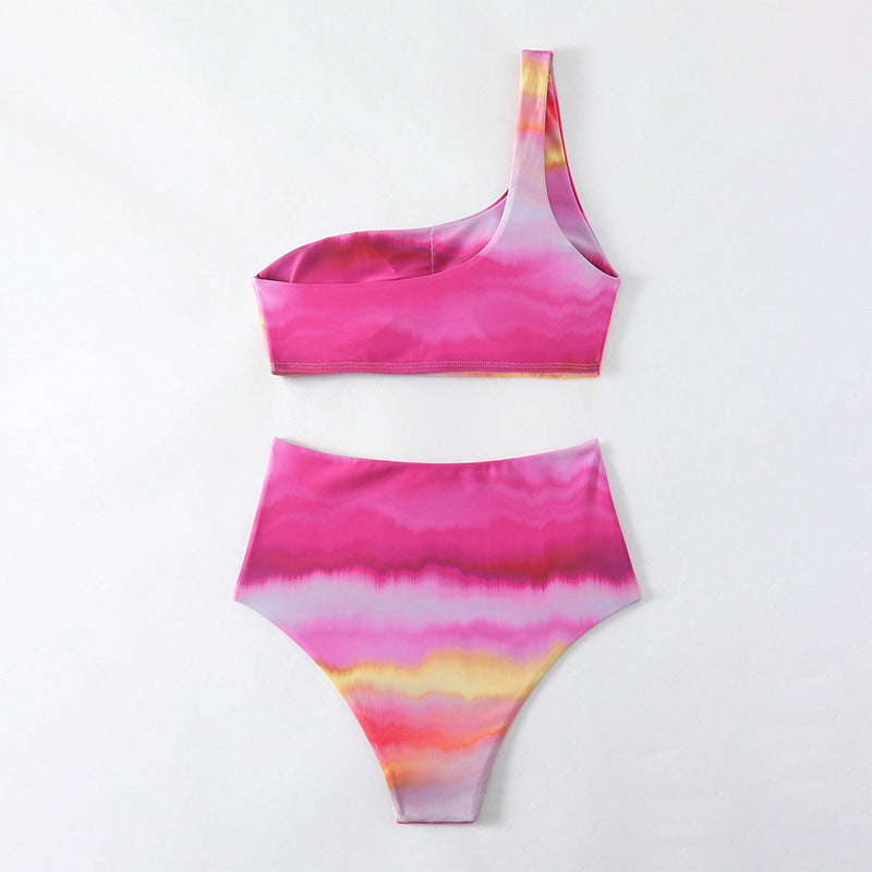 Damen Hoch tailliertes Bikini-Set mit asymmetrischem Oberteil und farbenfrohem Design Drune