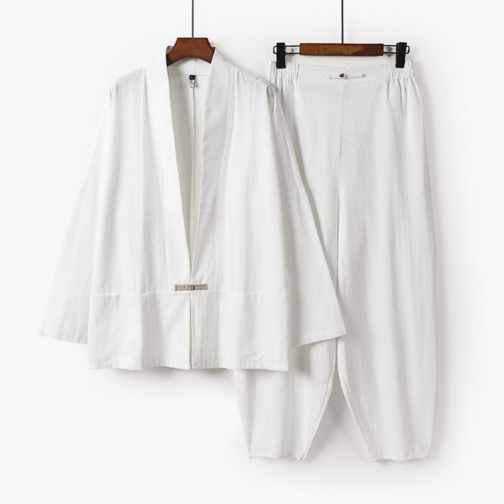 Herren Zen-Relax-Set mit offener Kimono-Jacke, dekorativem Knebelverschluss und tapered Harem-Joggpants Drune