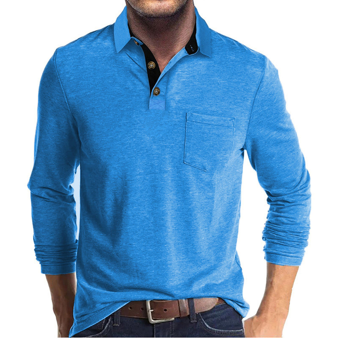 Herren langärmliges Polohemd mit Brusttasche, Kontrastknopfleiste und legerer Stretch-Passform Drune