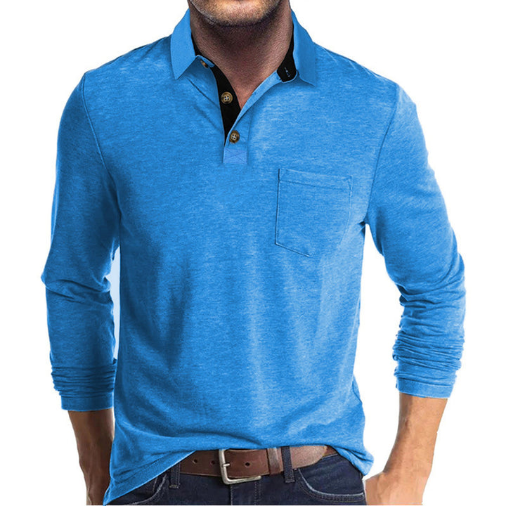 Herren langärmliges Polohemd mit Brusttasche, Kontrastknopfleiste und legerer Stretch-Passform Drune