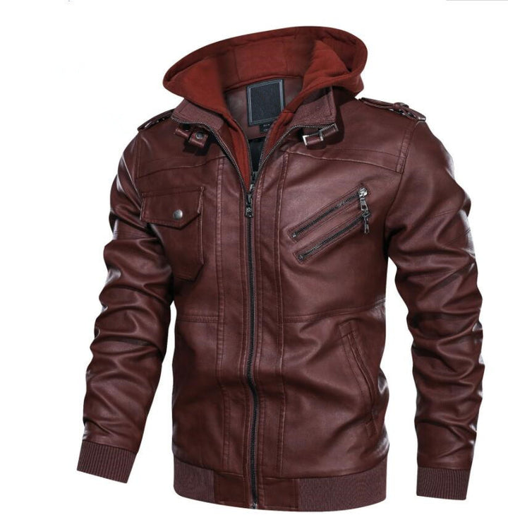 Herren Kunstleder-Pilotenblouson mit Kapuzen-Inlay, Reißverschlusstaschen und geripptem Saum Drune