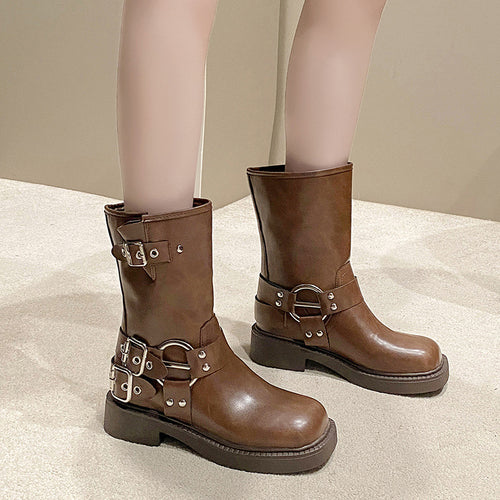 Damen Stiefel mit modischen Schnallen und rutschfester Sohle Drune