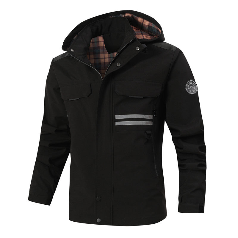 Herren Wasserdichte Softshell-Jacke mit Kapuze, reflektierenden Streifen und kariertem Innenfutter Drune