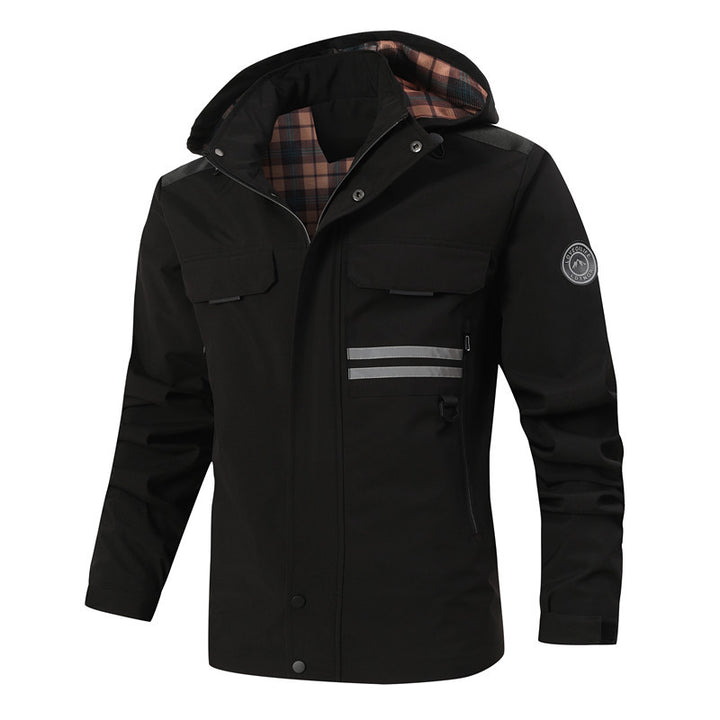 Herren Wasserdichte Softshell-Jacke mit Kapuze, reflektierenden Streifen und kariertem Innenfutter Drune