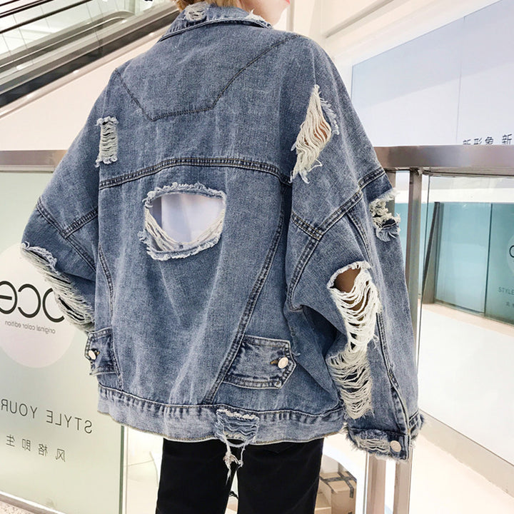 Damen Lässige Oversize Jeansjacke mit Destroyed-Details Drune