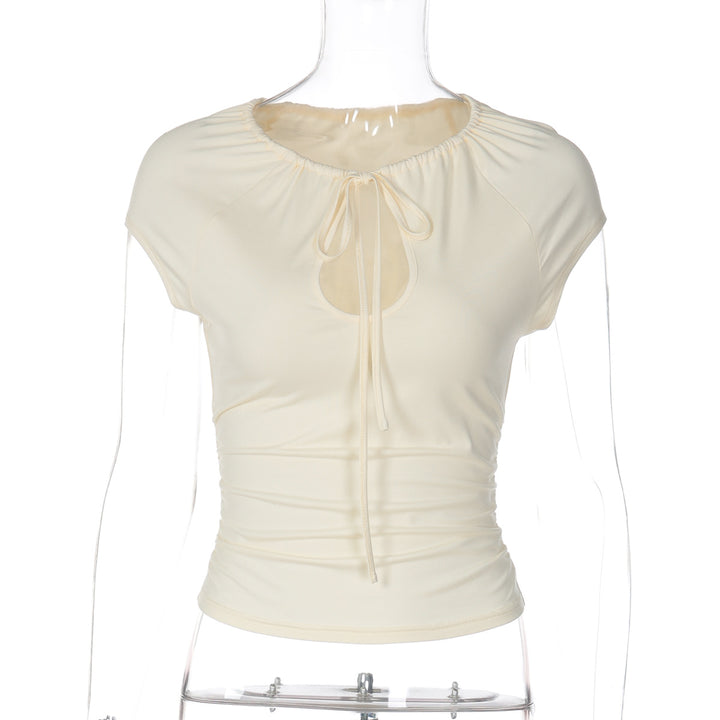 Damen figurbetontes Kurzarmshirt mit Dekolleté und Raffung Drune