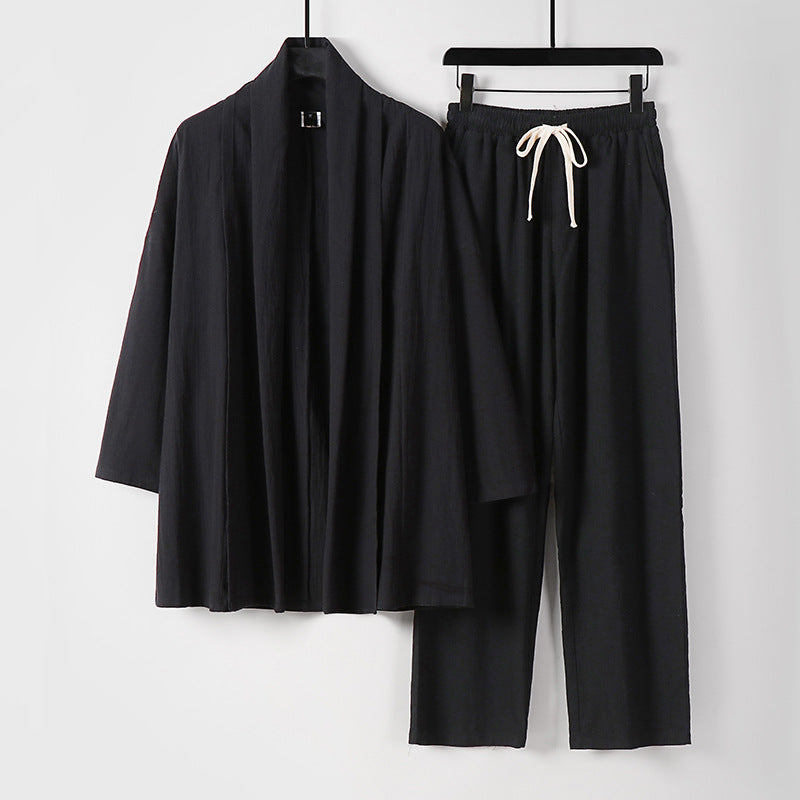 Unisex Lässiges Kimono-Zweiteiler aus atmungsaktivem Leinen-Viskose mit offenem Schalkragen und Kordelbundhose Drune